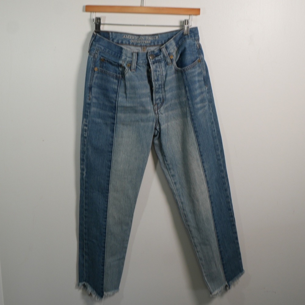 American Eagle Vintage Hi-Rise Jeans Womens 6 Blue Two Tone Raw Hem Button Fly